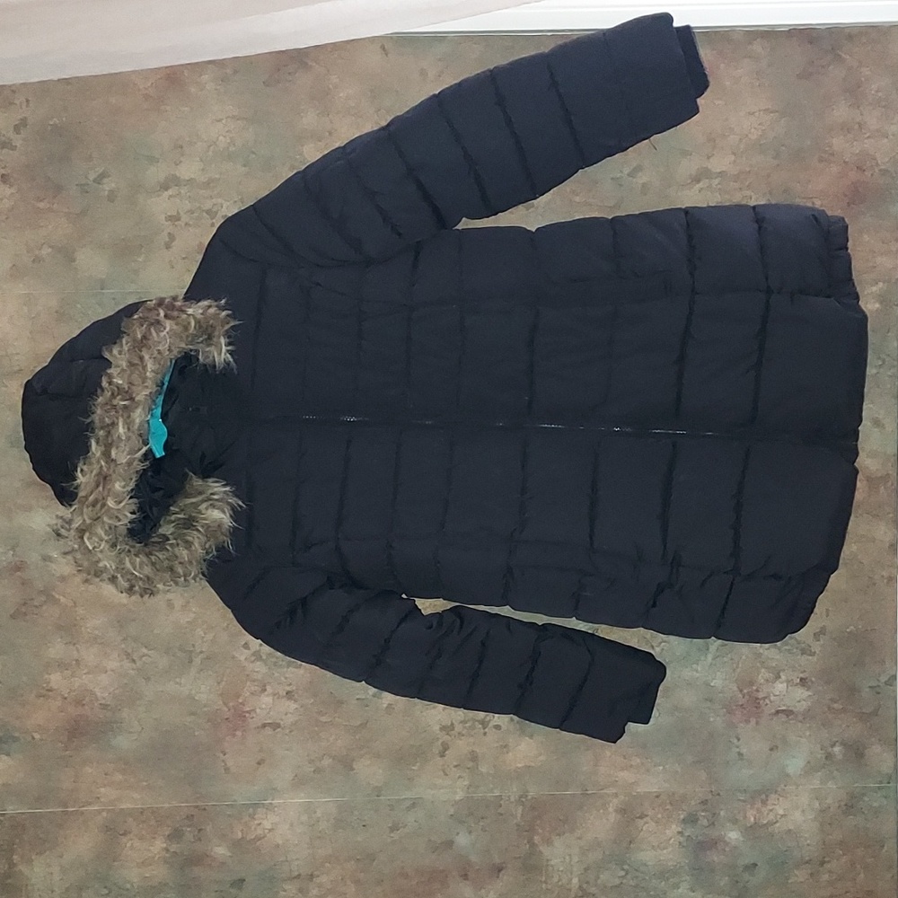 Girls Faux Fur Trimmed Puffer Coat Black Size 7/8